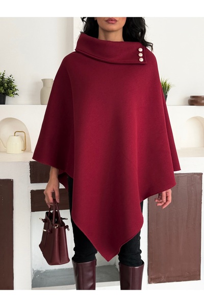 moda biz Women's Woven Collar Button Detailed Stylish Design Hijab Burgundy Poncho