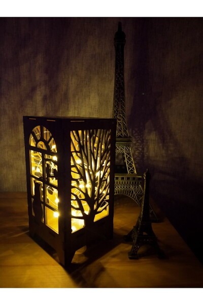 KOLAY DROP Özel Tasarım Ahşap Abajur Masa Lambası Pilli Gece Lambası Gün Işığı Peri Led Kedi Desenli Hediyelik