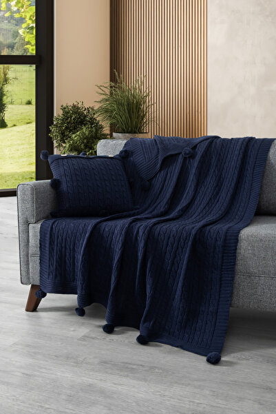 Sevim Комплект от 2 броя плетени калъфки за възглавници и телевизионно одеяло - комплект шал за рамене и фотьойл - тъмно син