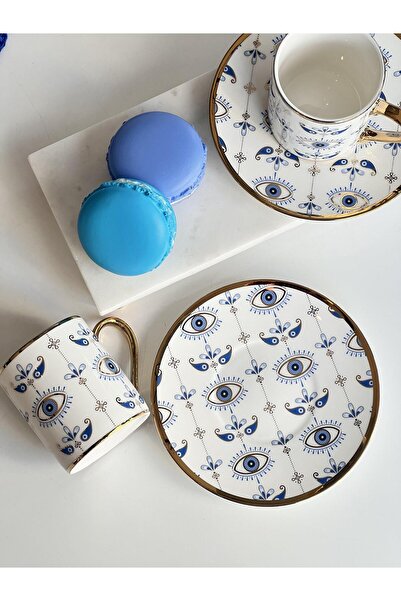 ROSSEV Turkish Coffee Cup Evil Eye 2 Person Set 4 Pieces
