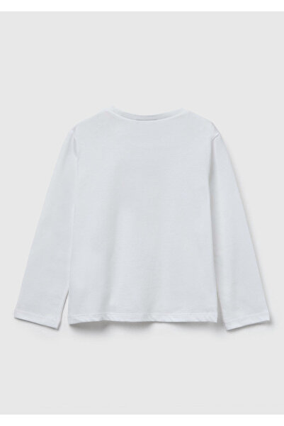 United Colors of Benetton Момичешка суитшърт с кремав преден принт, ребрист яка и редовна кройка