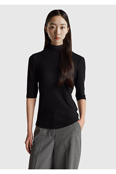 United Colors of Benetton Women's Black Lyocell Contrast Half Sleeve Slim Fit Mock Neck T-Shirt