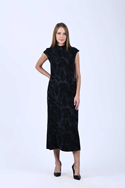 la luce Siyah Desenli Vatkalı Midi Elbise - QE383
