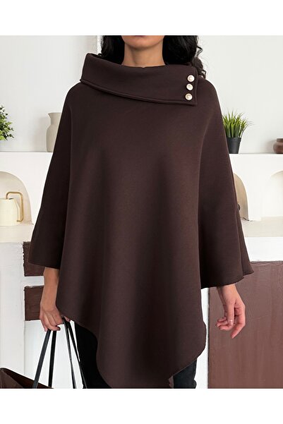 moda biz Women's Woven Collar Button Detailed Stylish Designed Hijab Brown Poncho