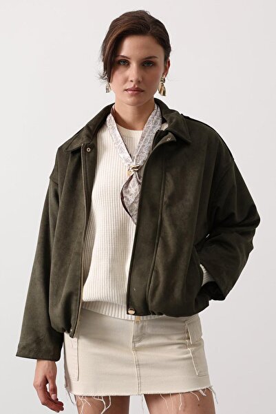 VAGGON Women's Khaki Zipper Closure Shirt Collar Bomber Suede Jacket Vs01417