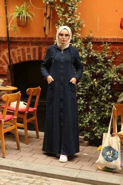 Neways 6463-Denim Kapşonlu Ferace Lacivert