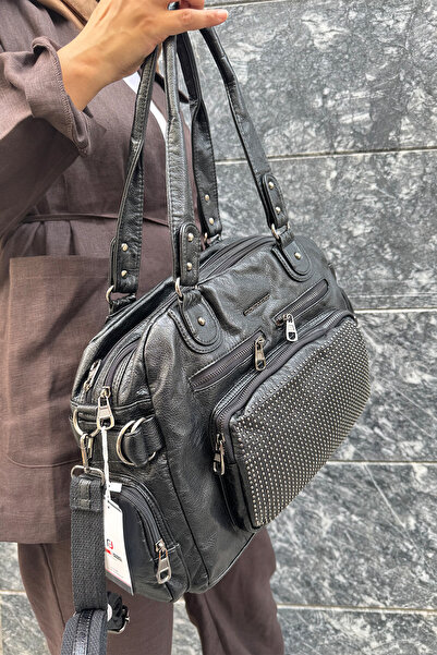 Just Polo Women's Multi-Compartment Soft Washed Leather Handle Cross Shoulder Bag