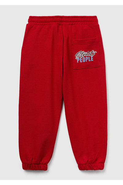 United Colors of Benetton Boy's Red Printed Drawstring Sweatpants with Elastic Waist and Ankles