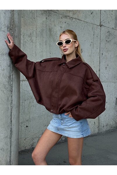 02Lady Fashion Oversized Suede Fabric Jacket with Epaulet Detail