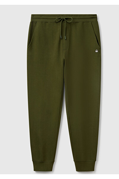 United Colors of Benetton Men's Khaki Green 100% Cotton Sweatpants with Side Pockets and Back Pocket Detail