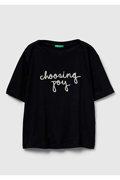 United Colors of Benetton Women's Black 100% Cotton Boat Neck T-Shirt with Embroidered Text on the Front