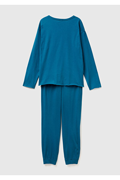 United Colors of Benetton Kadın Mavi %100 Pamuk Üstü Bisiklet Yaka Altı Logolu Pijama Takımı