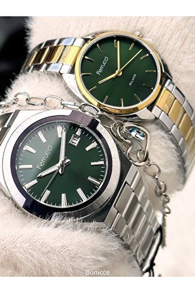 Ferrucci Couple Watches, Green Silver Color Steel Band, Gift in Separate Boxes with Bracelet Gift