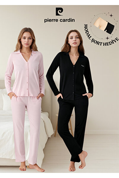 Pierre Cardin Kadın Giyim 2 Adet Pamuklu & Modal Uzun Kol Gömlek Pijama Takımı (Modal Şort Hediyeli)
