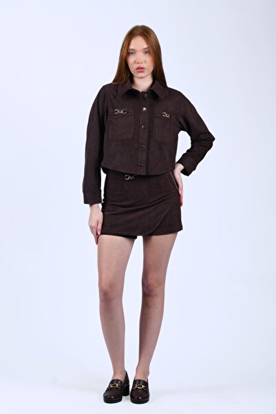 la luce Koyu Kahve Suet Şort Etek - QS24