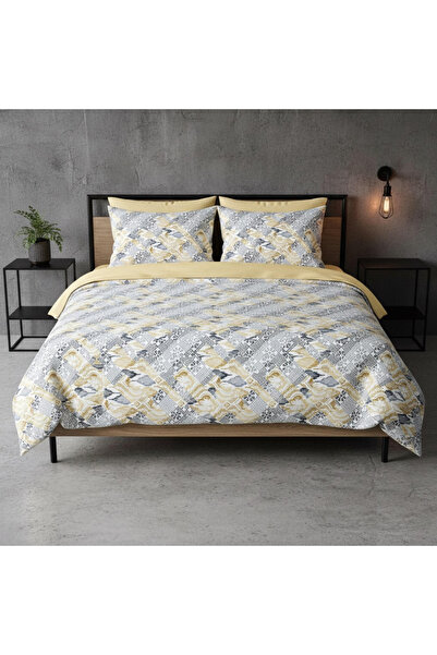 MyStory Home Set de lenjerie de pat dublu cu cearșaf elastic Kırkyama galben