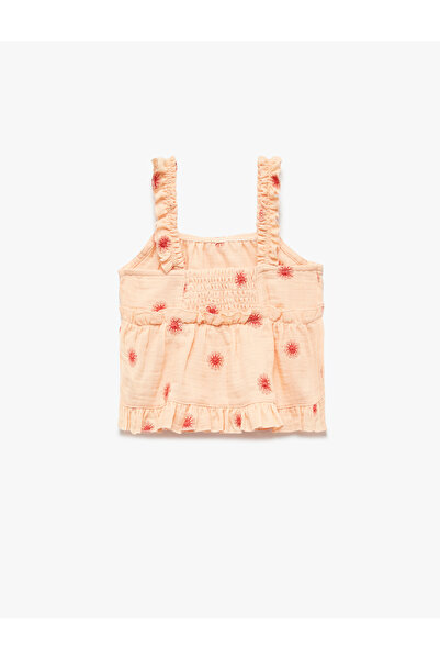 Koton Ruffle Detail Floral Embroidered Square Neck Cotton Suspender Blouse