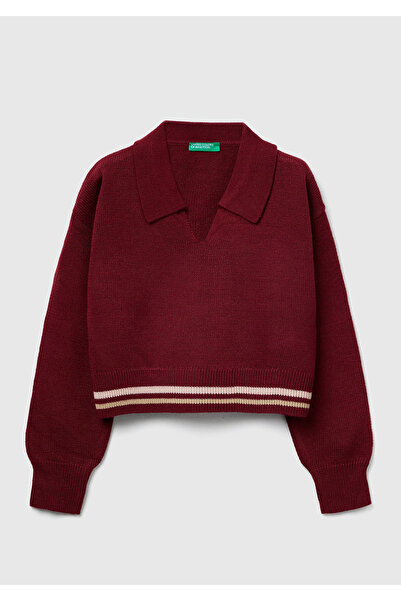 United Colors of Benetton Момичешки пуловер с поло яка в цвят бордо, 100% акр...