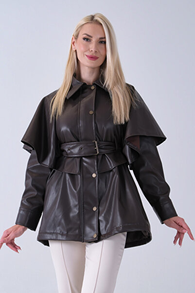 Feminist Yakalı Kendinden Pelerinli Kemerli Deri Ceket Kahve 5309366