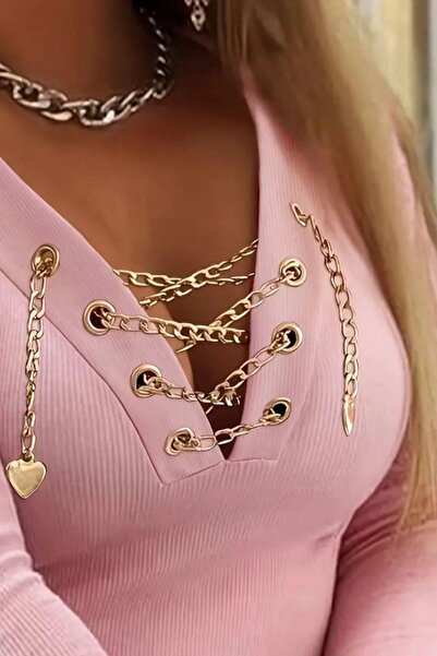 Mossta V Neck Chain Ribbed Knit Blouse - Pink
