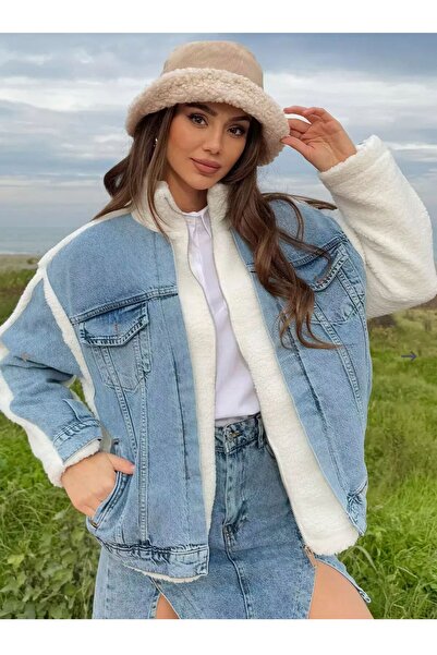 TİLLE Γυναικείο παλτό από βελούδινο αρνί με φερμουάρ συνδυασμός υφασμάτων τεμαχίων σε μπλε εκρού