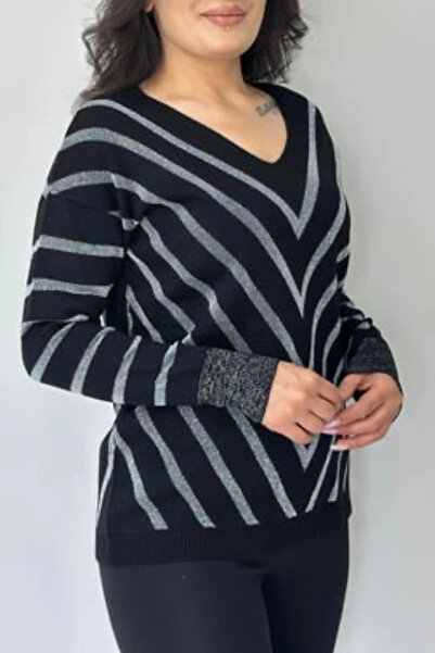 Bİ.GİYSEN Pulover de damă, negru, cu decolteu în V, cu dungi cu sclipici, mat...