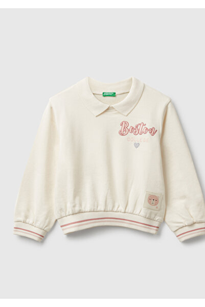 United Colors of Benetton Girl's Ecru Glitter Graphic Embroidered Stripe Detailed Classic Collar Sweatshirt