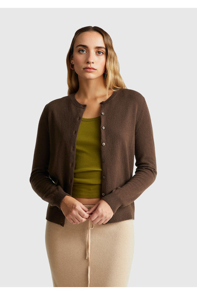 United Colors of Benetton Women's dark brown 100% merino crew neck cardigan