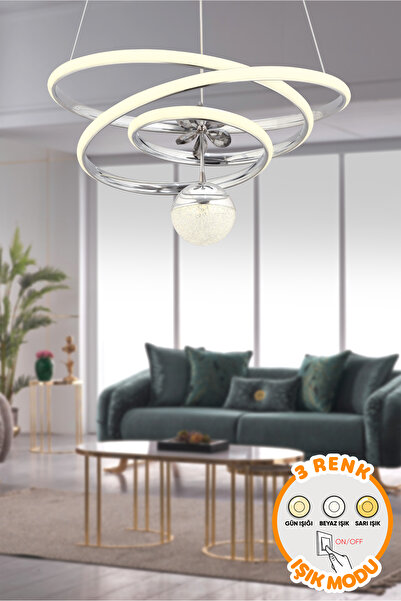 Dekorluna Mero 3 Renk Işık Özellikli Modern Krom Kaplama Sarkıt Led Avize Salon Avize