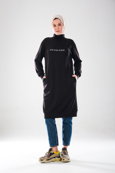Plistre 2290_Women's Hijab Sports Tunic Dress - Reflector Printed , Zippered with Mock Neck Pockets, Soft Texture