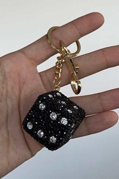 TAKIŞTIR Gold and Black Color Dice Figured Stone Detailed Bag Charm/ Keychain