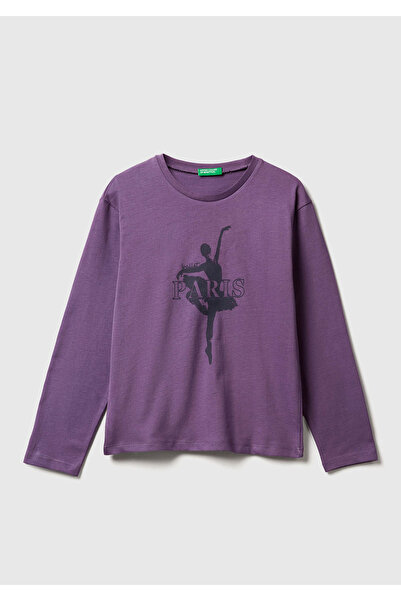 United Colors of Benetton Mânecă lungă pentru fetiță, mov, cu cu imprimeu ner...