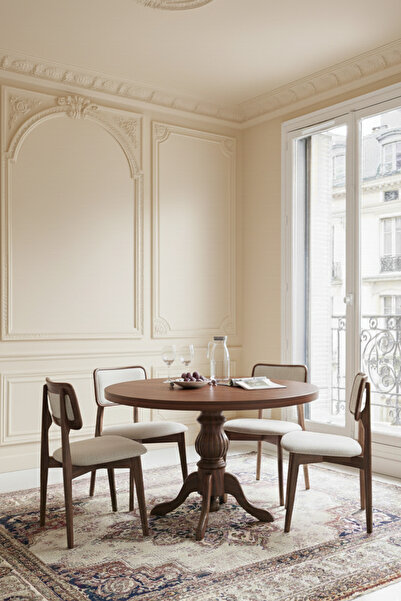 Woodenbend Pafi Ceviz Rengi Yuvarlak Masa Takımı 100x100 – 4 Kumaş Döşemeli Sandalyeli İskandinav Bohem