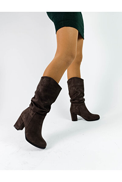 GDT Ayakkabı Süet Kahve Renk Kalın Topuklu Körüklü Kadın Diz Altı Çizme