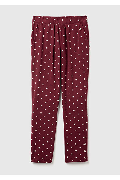 United Colors of Benetton Women's Burgundy Cotton Blend Polka Dot Pajama Bottoms with Pockets and Logo