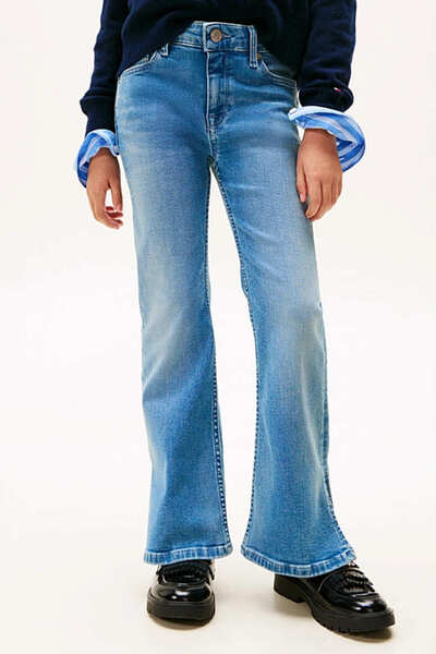 Tommy Hilfiger Kız Çocuk Flare İspanyol Paça Yırtmaçlı Jean Pantolon - Mavi