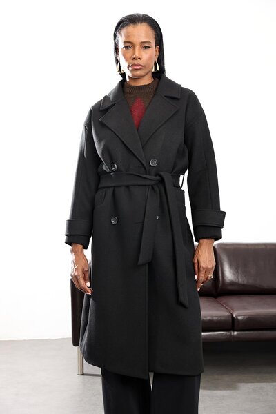 5in1Canpolat Black Double-Breasted Kaşe Palto 1010