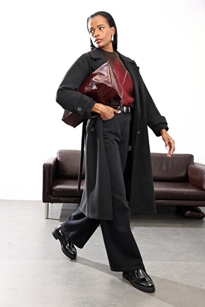 5in1Canpolat Black Double-Breasted Kaşe Palto 1010