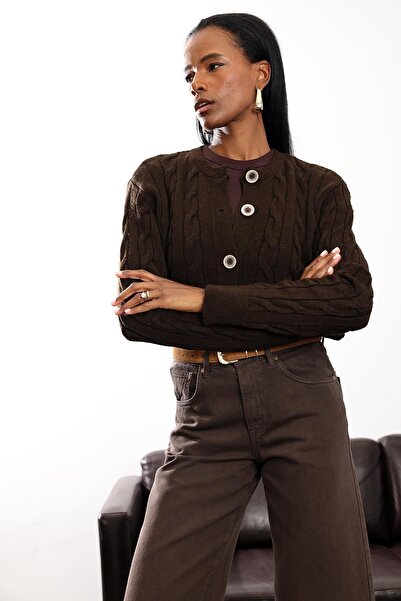5in1Canpolat Brown Hair Knitted Cardigan 251030