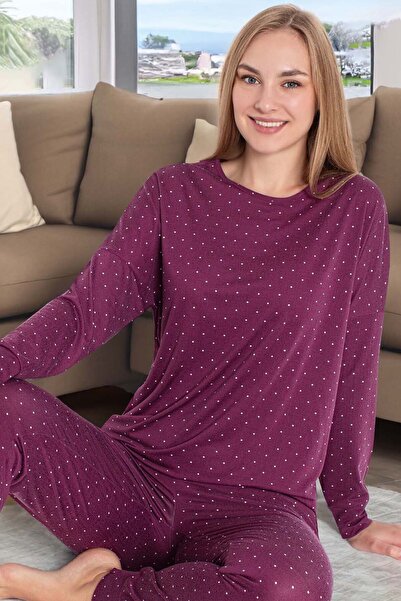 Aydoğan Women's Polka Dot Pattern Long Sleeve Pajama Set 240987 Plum