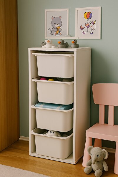 NETAKS 4 Derin Sepetli Çok Amaçlı Oyuncak Dolabı Mutfak Kiler Dolabı Beyaz