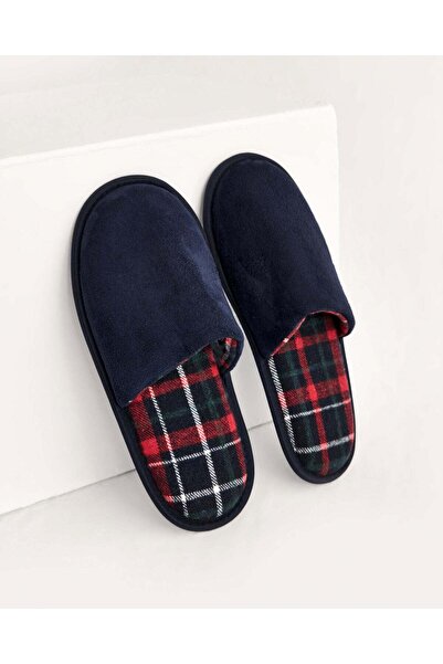 Chirpy Men's Navy Blue Suede Plaid Patterned Winter House Slippers - Luke-E