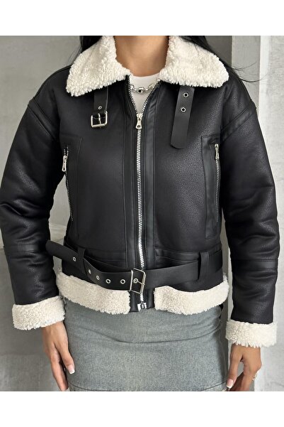 cottonage Palton din piele pentru femei cu centură și blană în interior - Jachetă din piele de motociclist