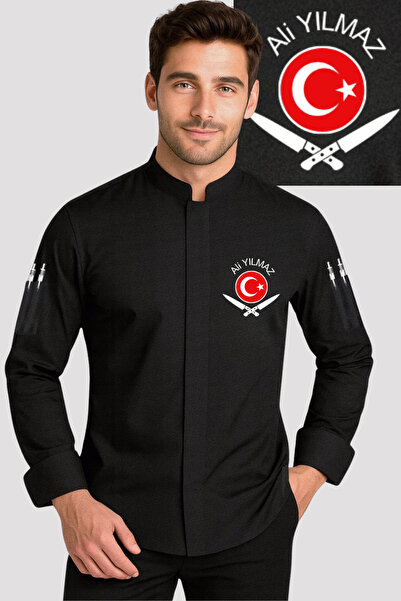 Üniformanya İsim Türk Bayrağı ve Bıçak Nakışı Hediyeli Siyah Aşçı Ceketi Şef ...