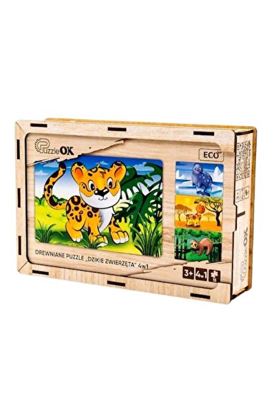 OEM Puzzle din lemn 4 în 1 „Animale sălbatice”, set cu animale sălbatice, sigur, 3+ ani