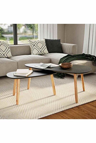 vidaxl طقم طاولة قهوة من قطعتين من خشب الصنوبر الصلب باللون الأسود