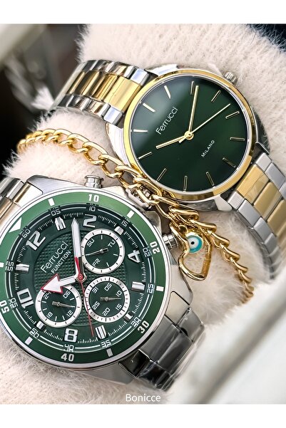 Ferrucci Couple Watches, Green Yellow Silver Color Steel Band, Gift in Separate Boxes with Bracelet Gift