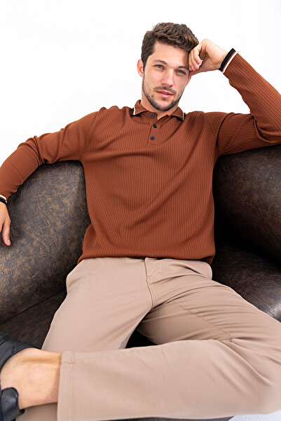 JB John Borners Men's Polo Neck Button Detailed Knitwear Sweater Brown - K-2604Â