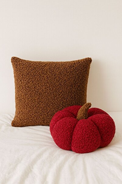 SAYMİNE Teddy Decorative Pumpkin Pillow and Inner-Filled Cushion (Coffee and Red) -