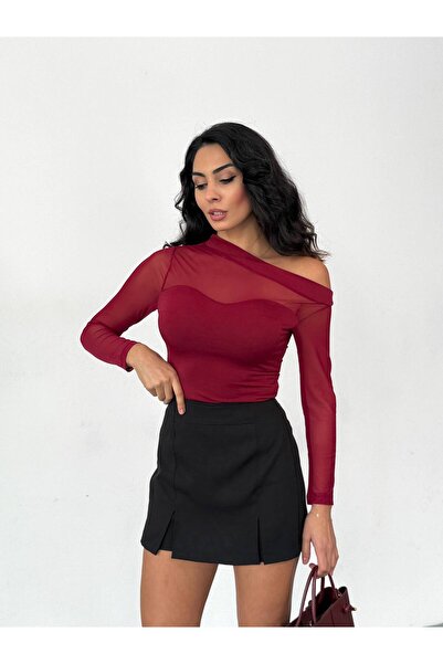 FOORS Bluză Bordeaux cu umăr deschis material elastic din tul Sandy